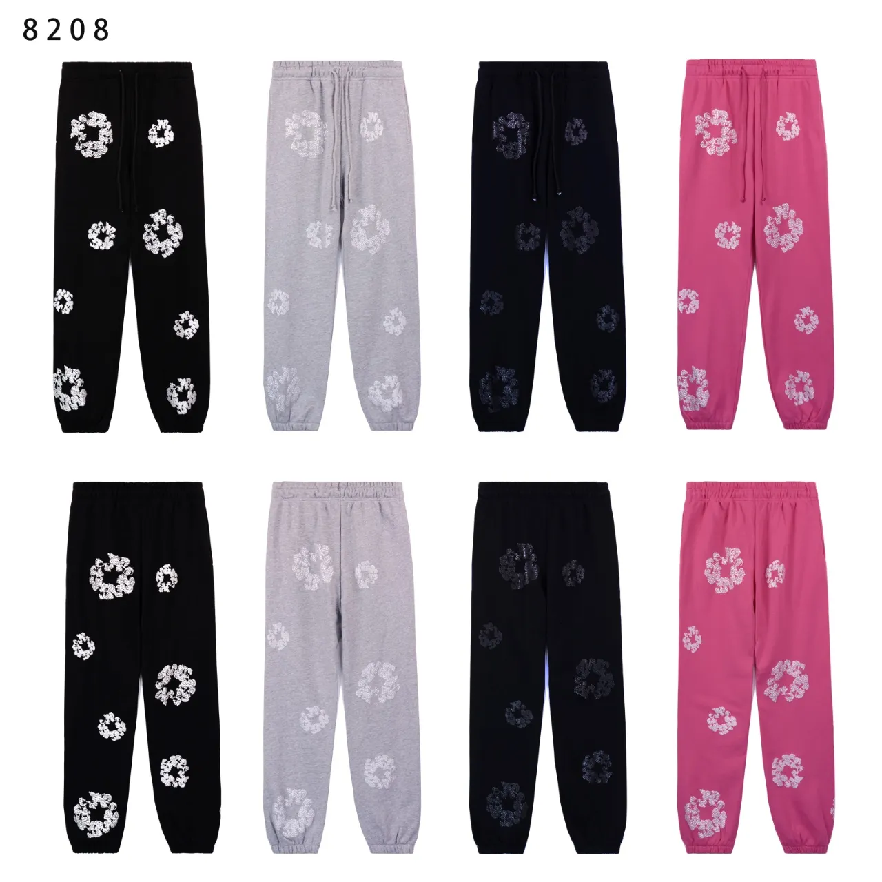 Jacket 105 Trousers 88 Real stock DENIM TEARS main line Kapok sweatshirt cashmere Swarovski cotton ring trousers Color: black silver black black pink gray Size: S M L Pink Gray Size: S M L XL